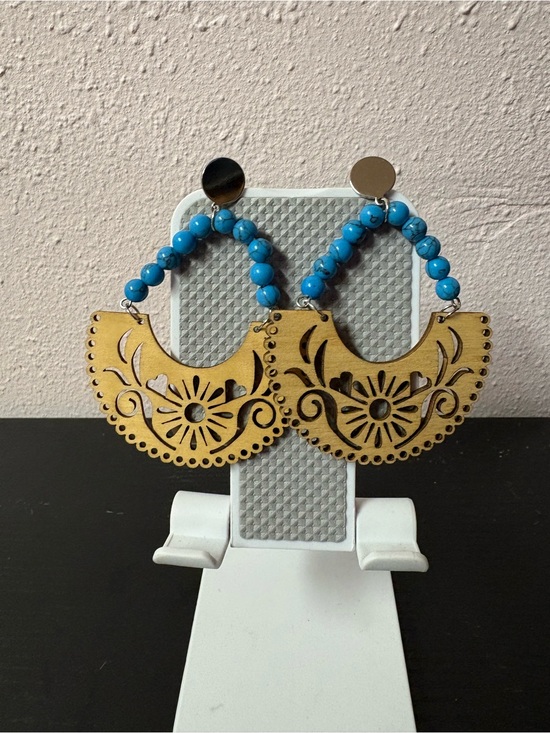Jewelry - Boho Wooden Floral Cutout Hoop Earrings with Turquoise Beads